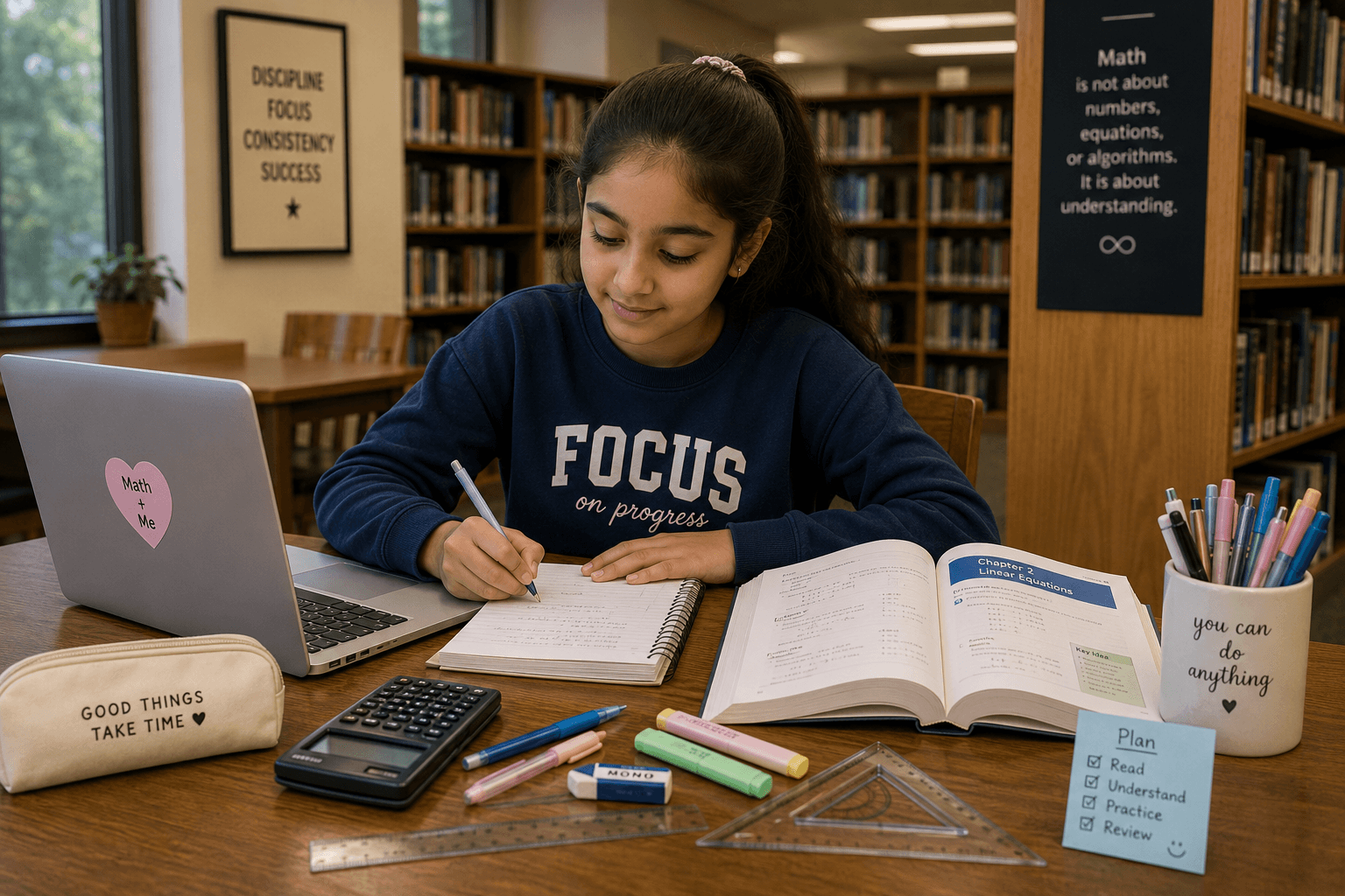 A focused child studying Math calmly with a laptop and workbook